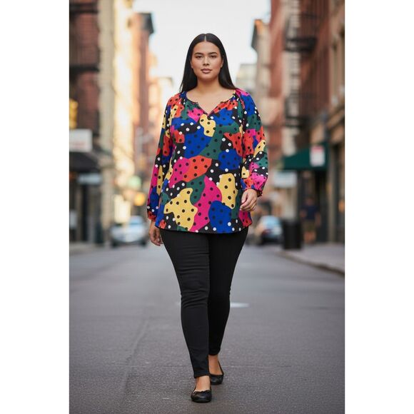 EMILY WONDER Bright colors with Dots Flowy Blouse! NEW! Size 2X - Picture 3 of 8